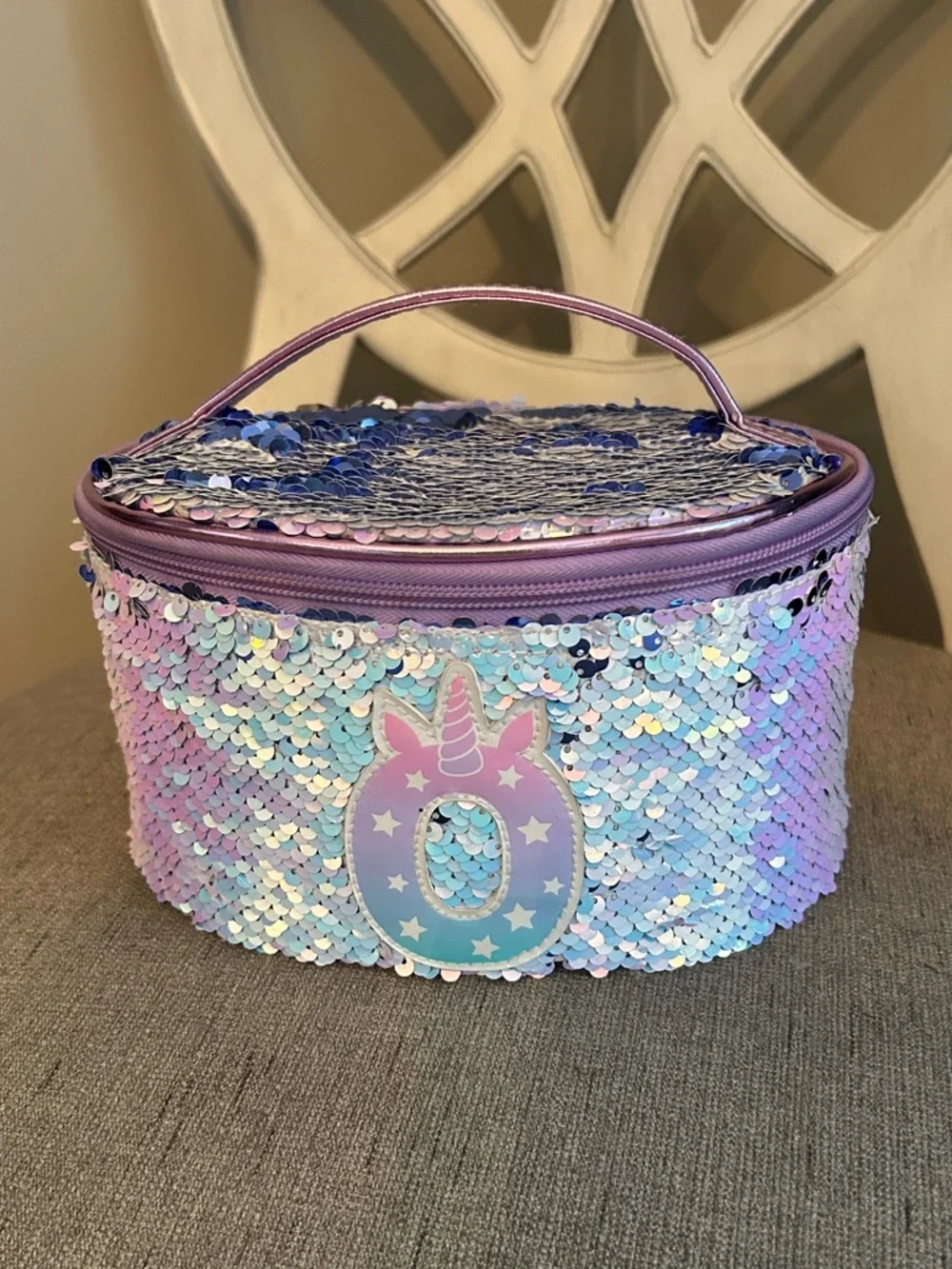 Sequin Unicorn Letter O Kids Carry Case - Iridescent Sequins Purple & Pastel